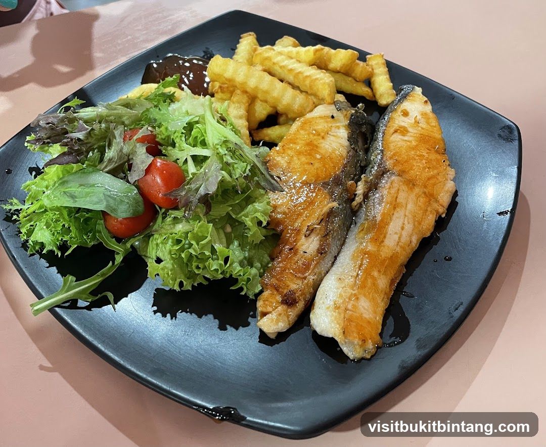 Salmon Steak with Fries and Salad