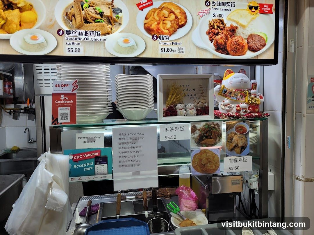 Food stall display with menu and food items