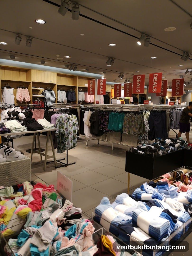 Clothing store interior with sale signs