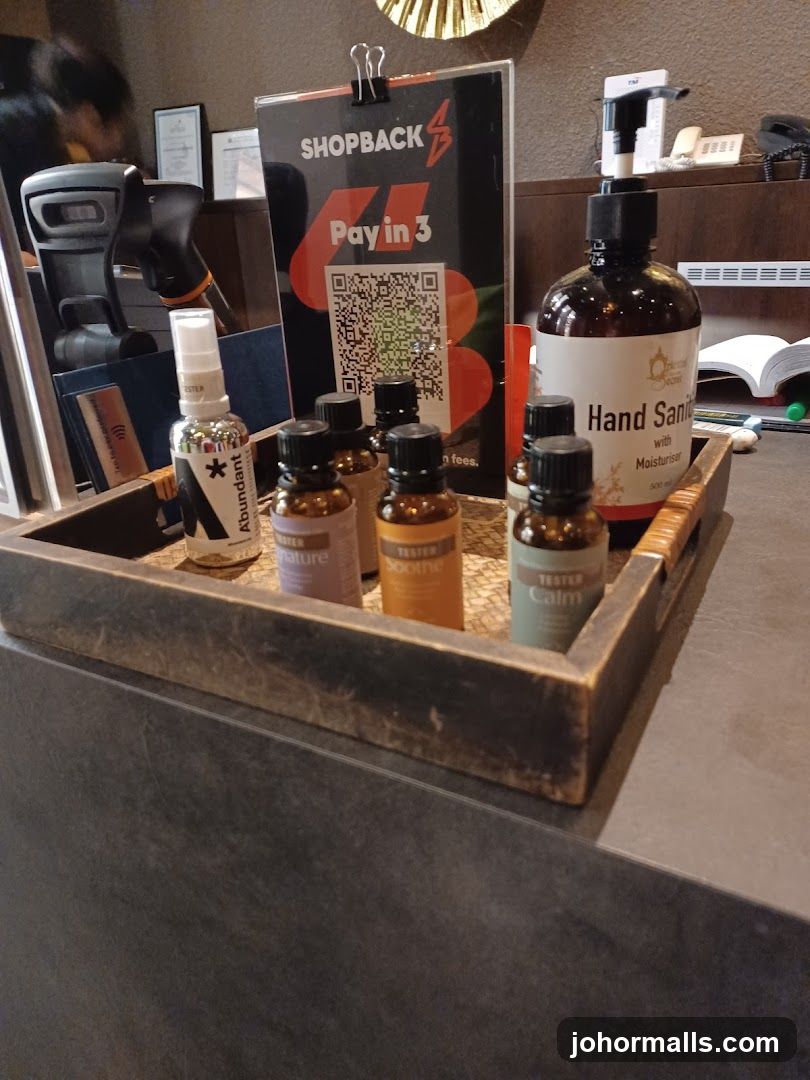 Counter with promotional materials and hygiene products