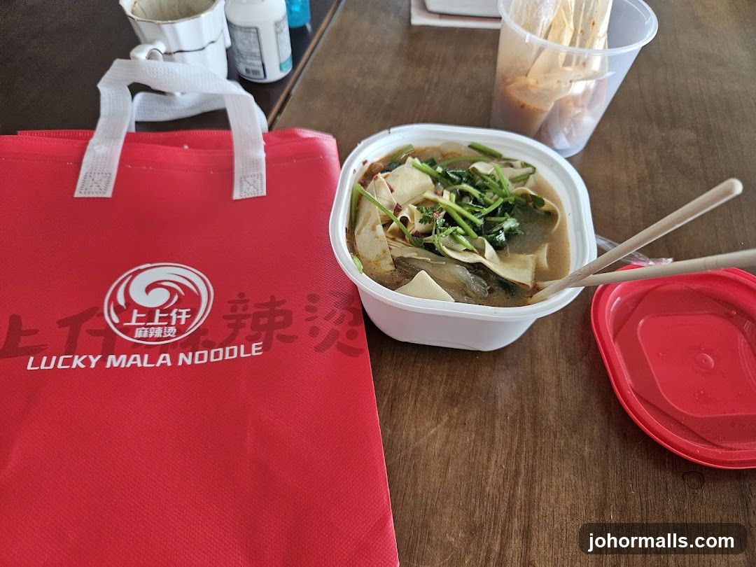 Lucky Mala Noodle Takeout Bag and Meal