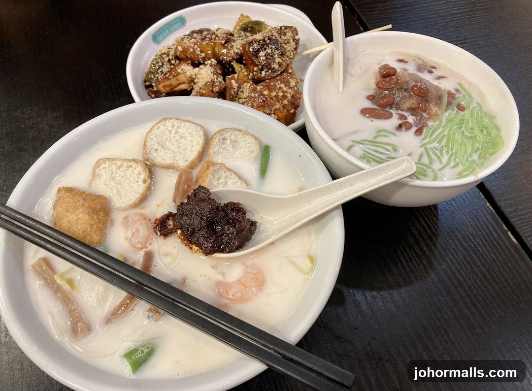 Three bowls of Asian desserts and snacks