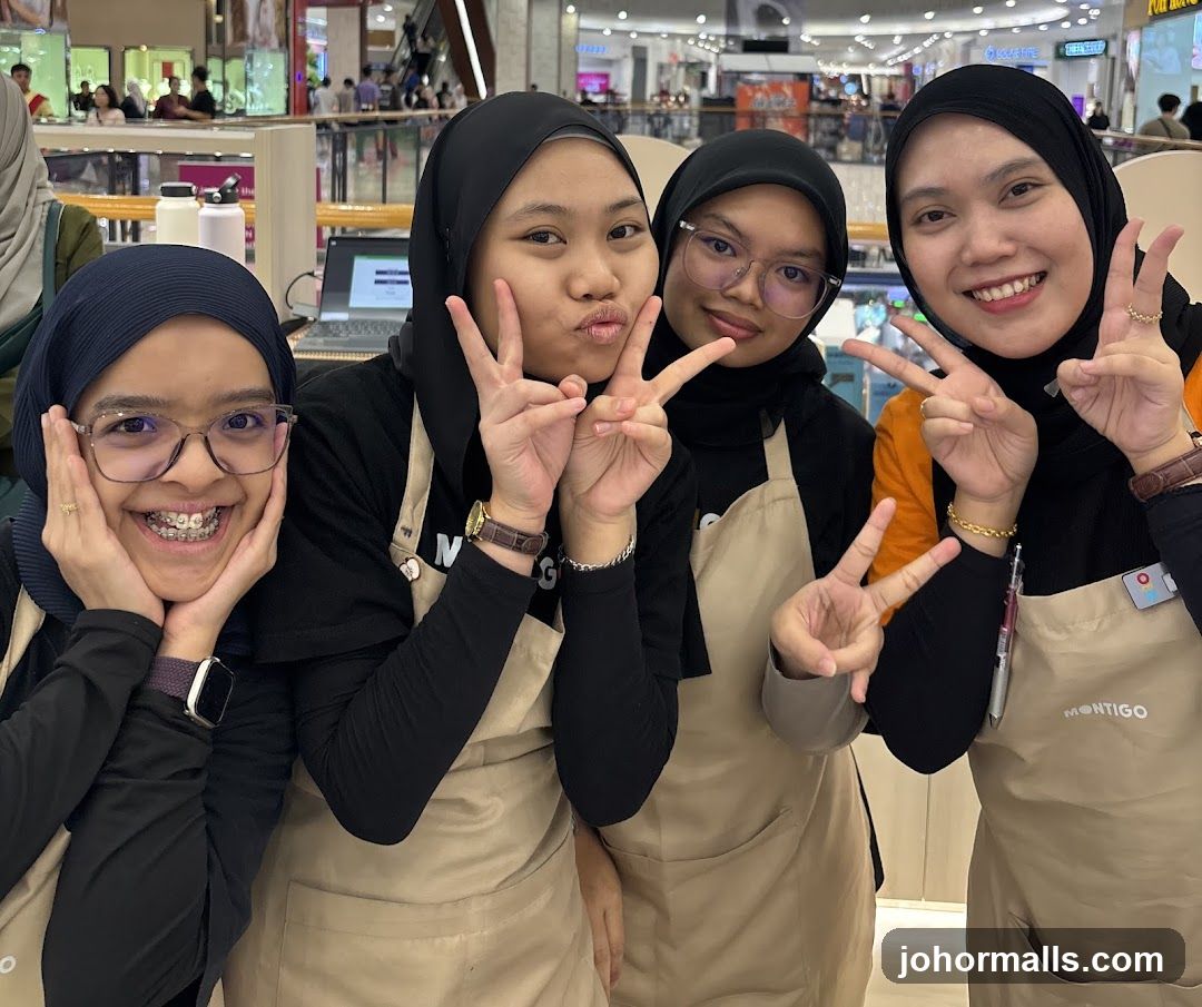 Four young women in aprons posing for a photo
