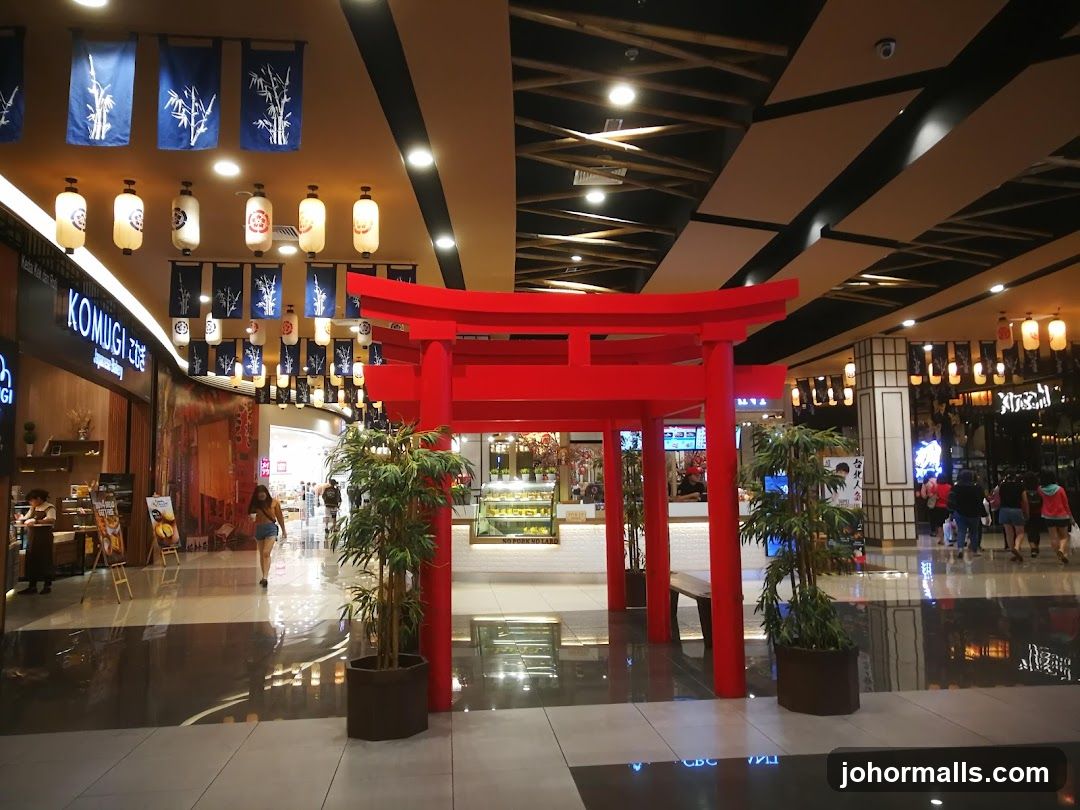 Japanese-themed mall interior with torii gate