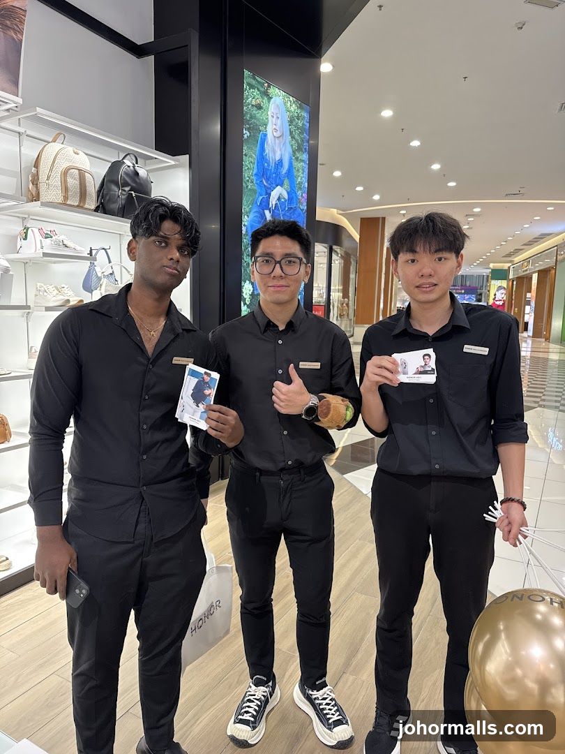 Three staff members in a shopping mall