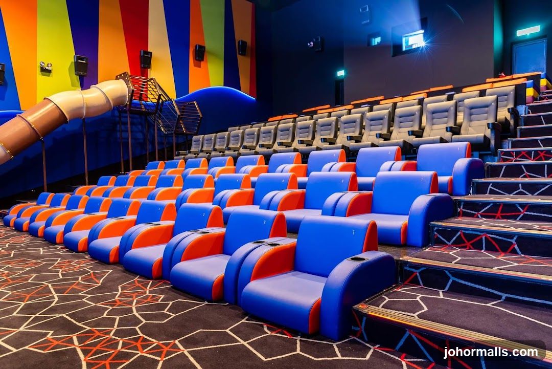 Cinema Auditorium with Colorful Seating and Slide
