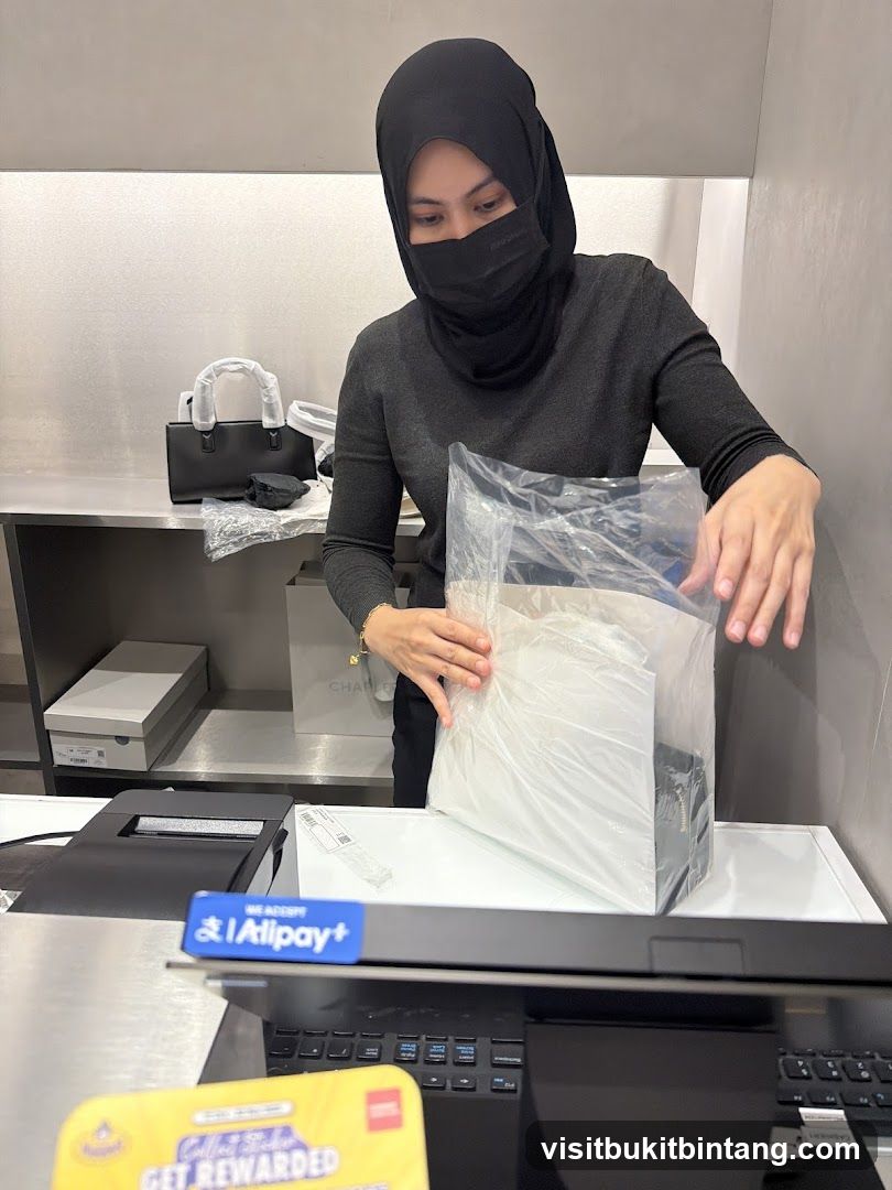 Sales associate packaging a handbag