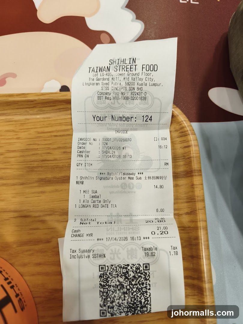 Shihlin Taiwan Street Food Receipt