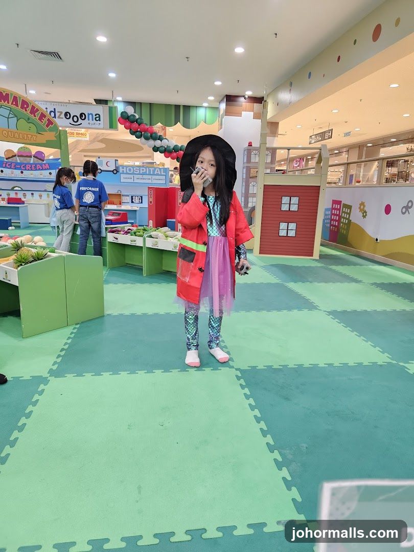 Children playing in a market-themed play area