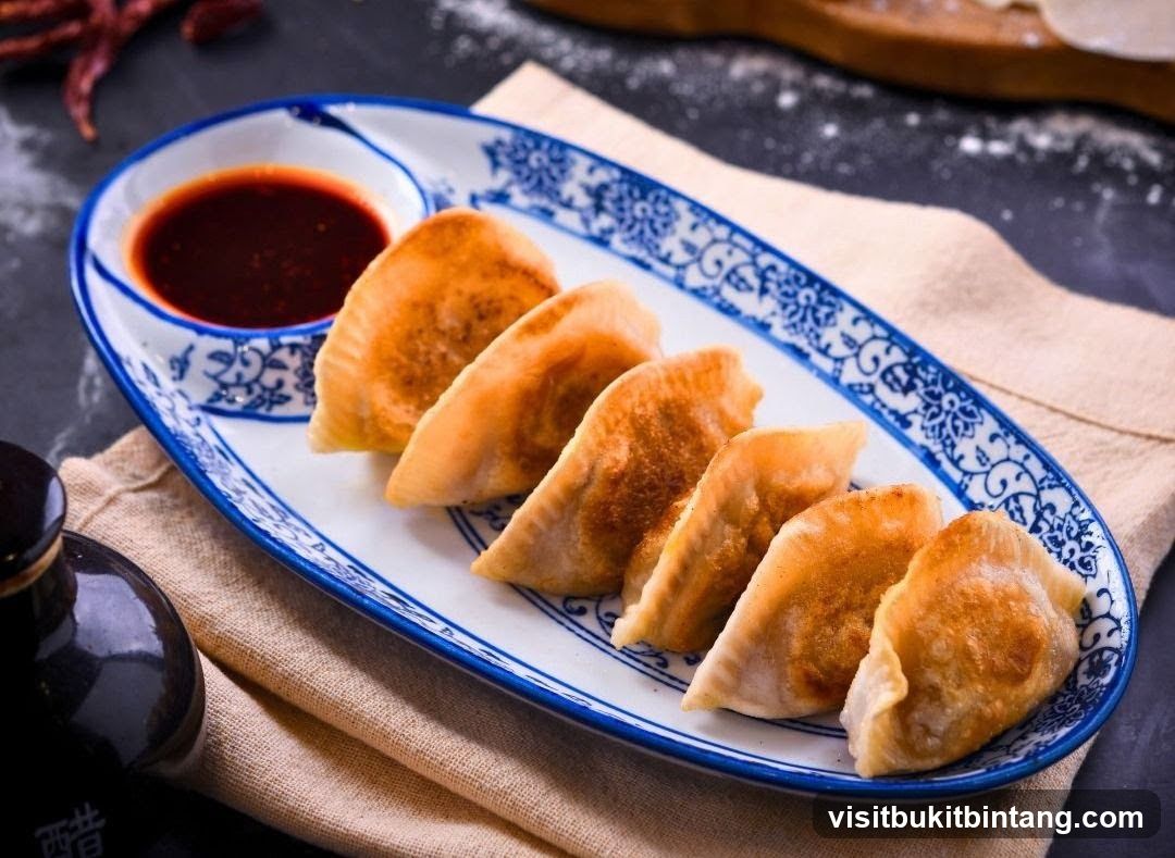 Pan-fried dumplings with dipping sauce