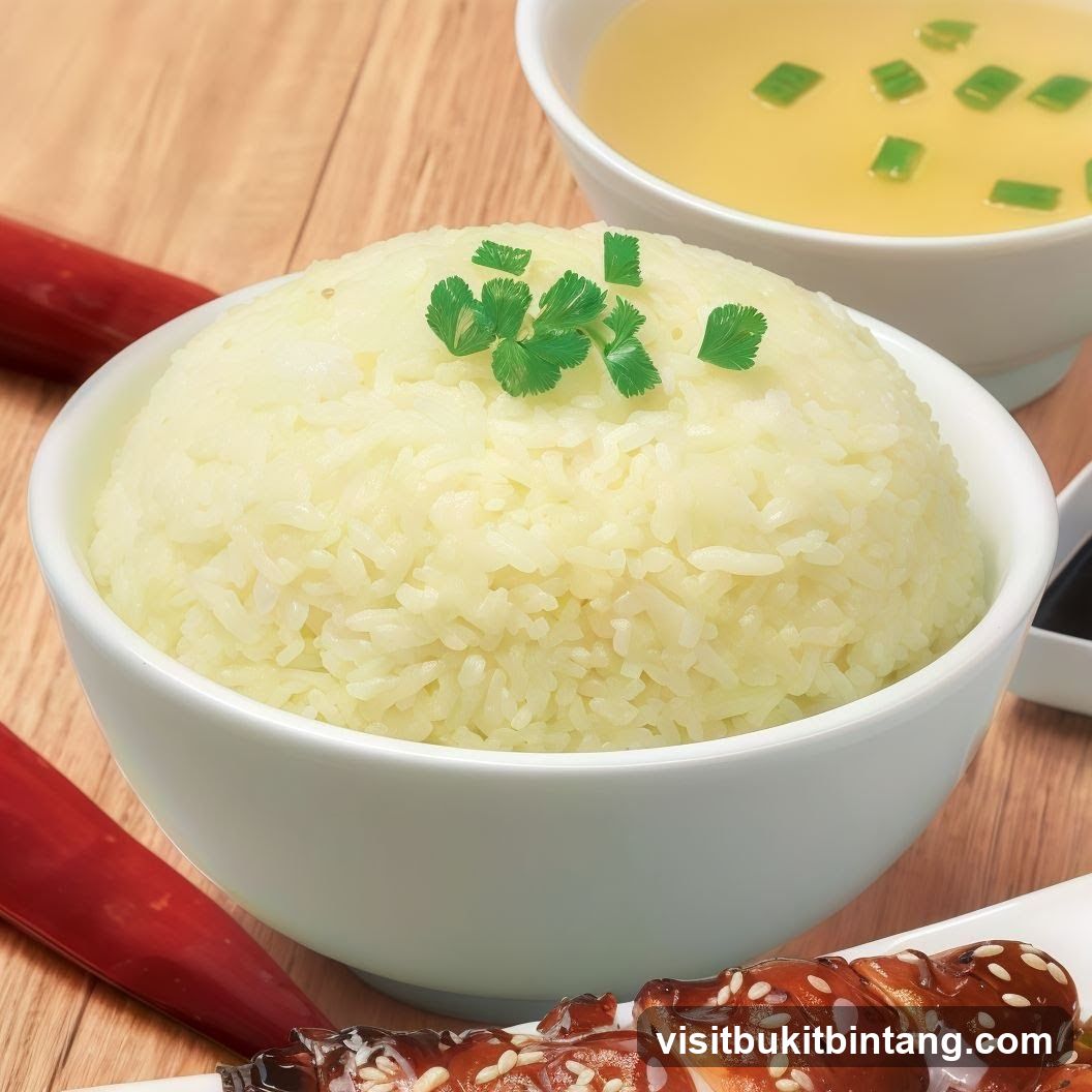 Steamed Rice with Soup and Skewers