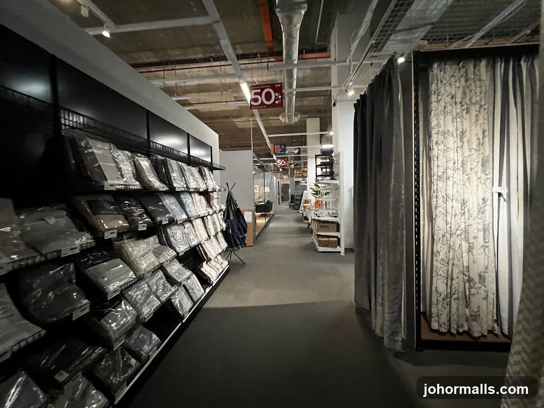 Store Interior with Shelving and Curtains