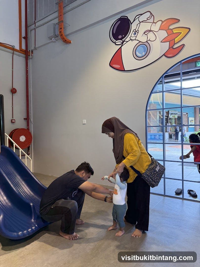 Family playing in a themed indoor play area