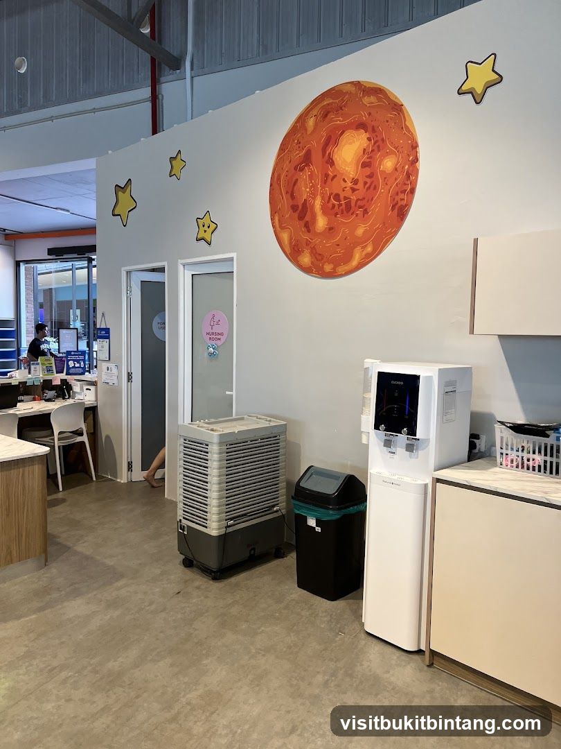 Interior of a facility with space-themed decor