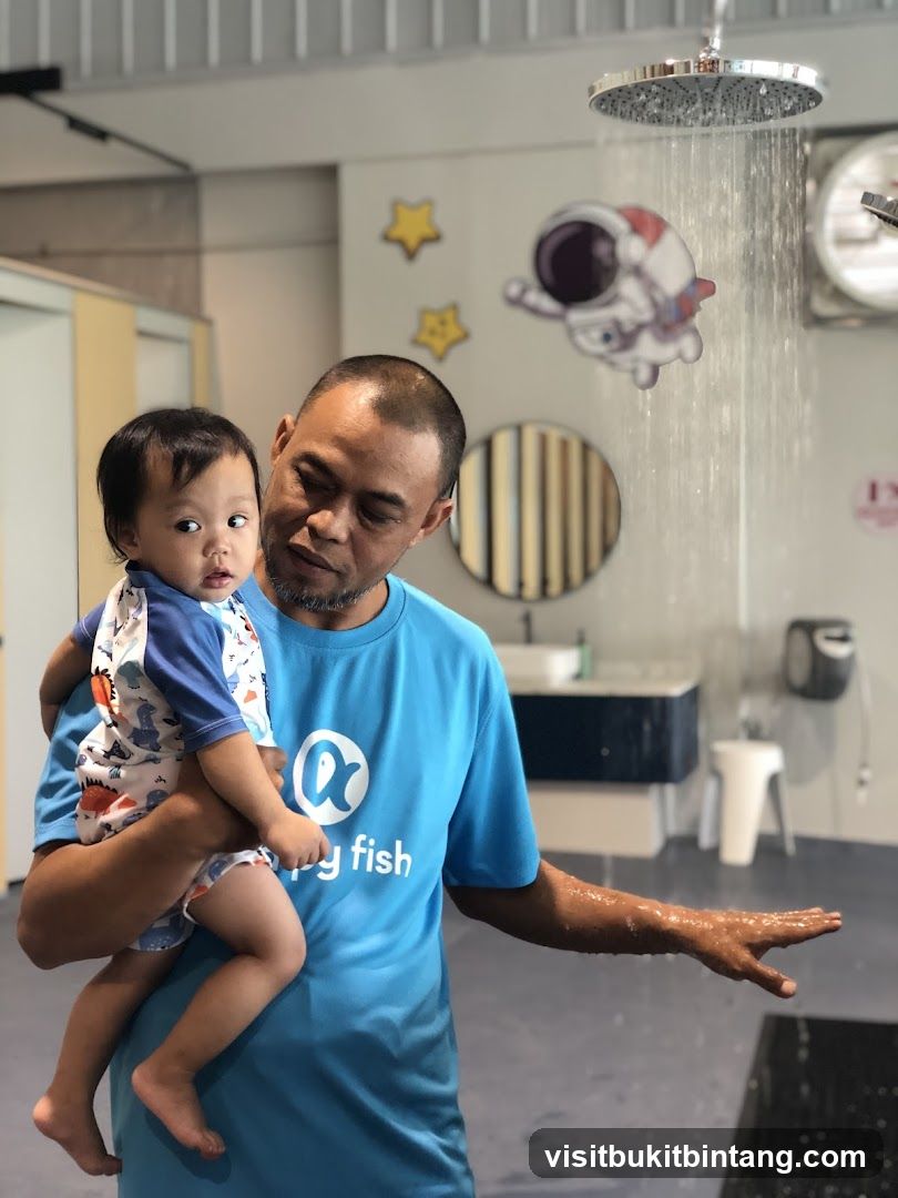 Man and child in a shower area