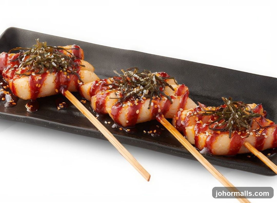 Skewered Food with Sauce and Seaweed