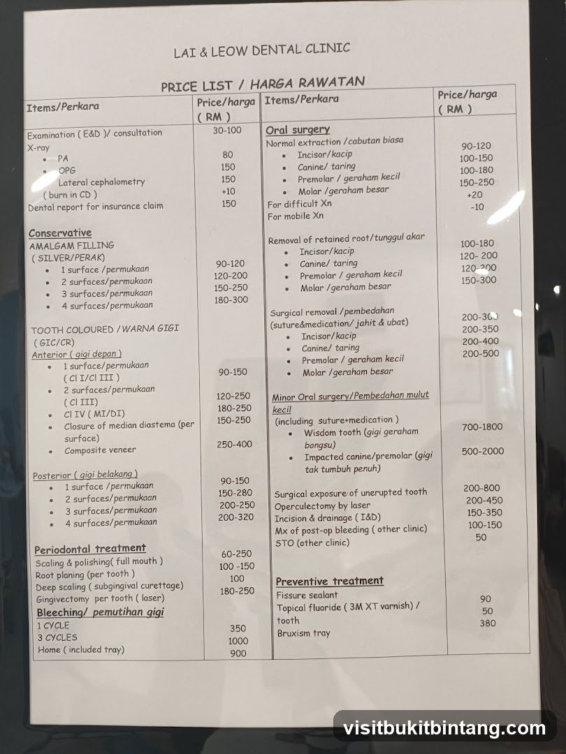 LAI & LEOW DENTAL CLINIC PRICE LIST / HARGA RAWATAN