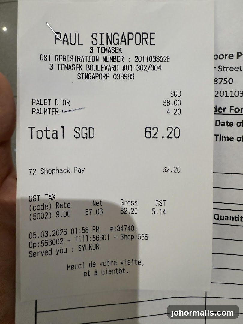 Receipt from Paul Singapore