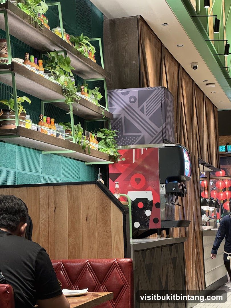 Restaurant Interior with Shelving and Drink Dispenser