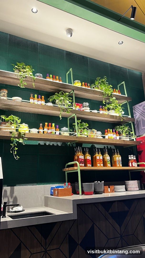Restaurant Shelving with Sauces and Plants