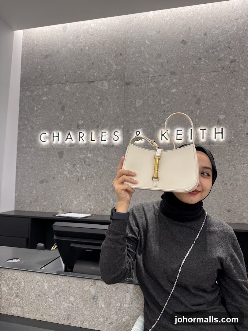 Woman Holding a Handbag in Front of a Store Sign
