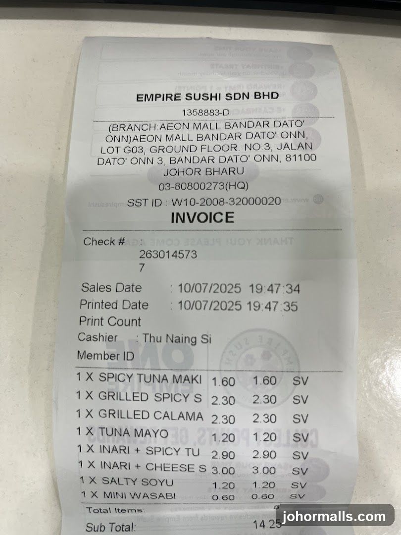 Empire Sushi Receipt