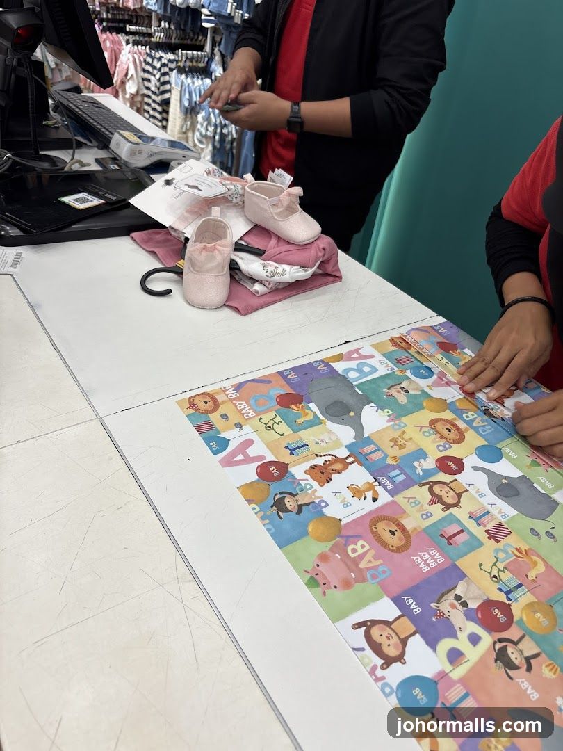 Checkout Counter with Baby Shoes and Wrapping Paper
