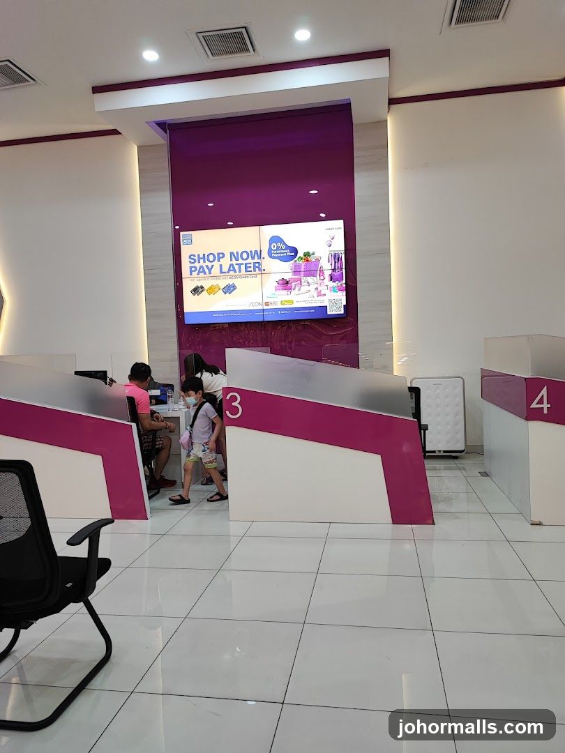 Interior of a service center with a digital advertisement