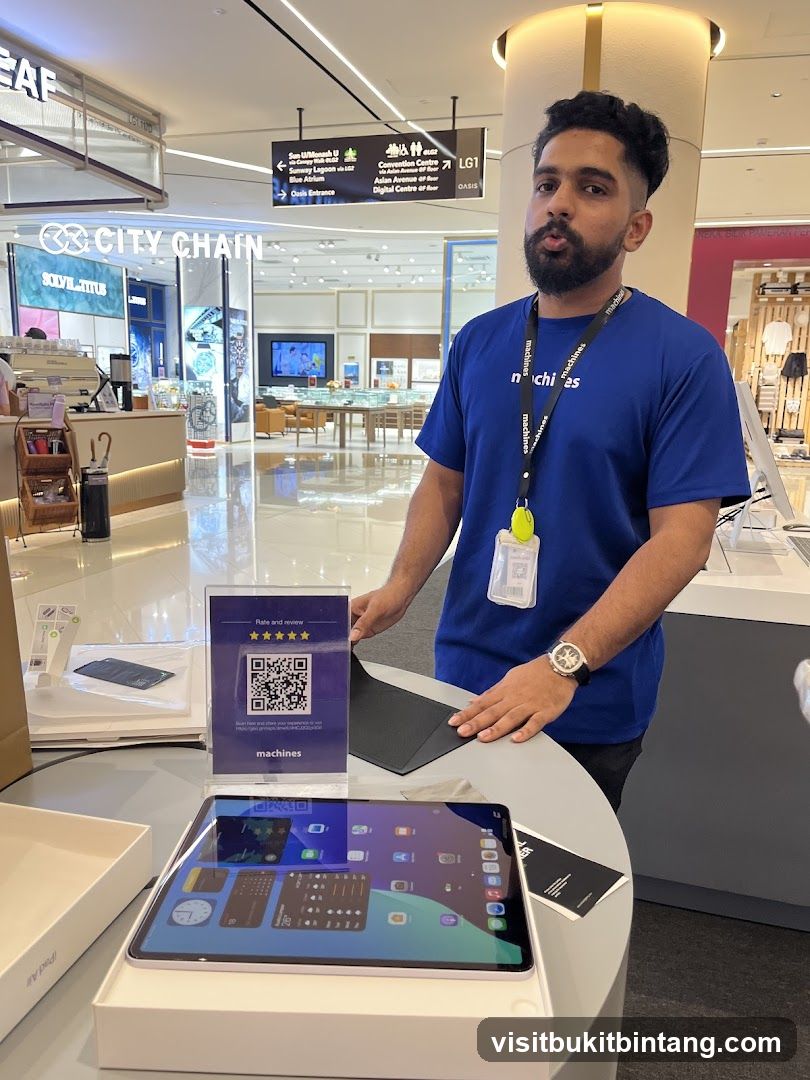 Man with iPad and review sign
