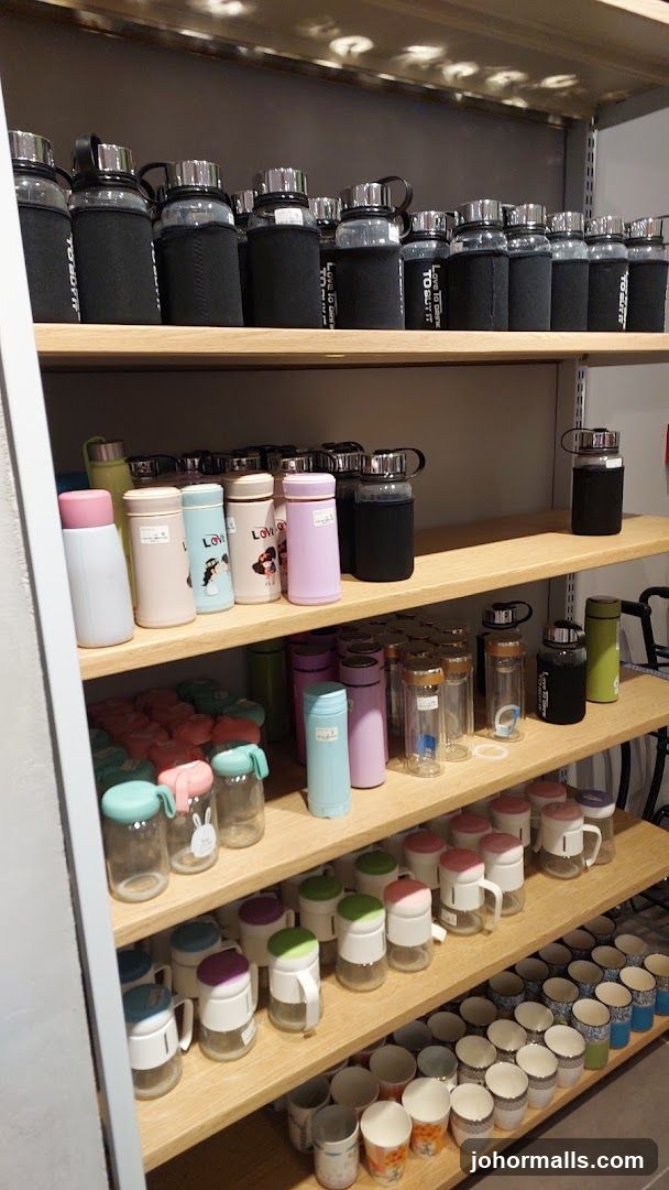 Water Bottles and Mugs on Shelves