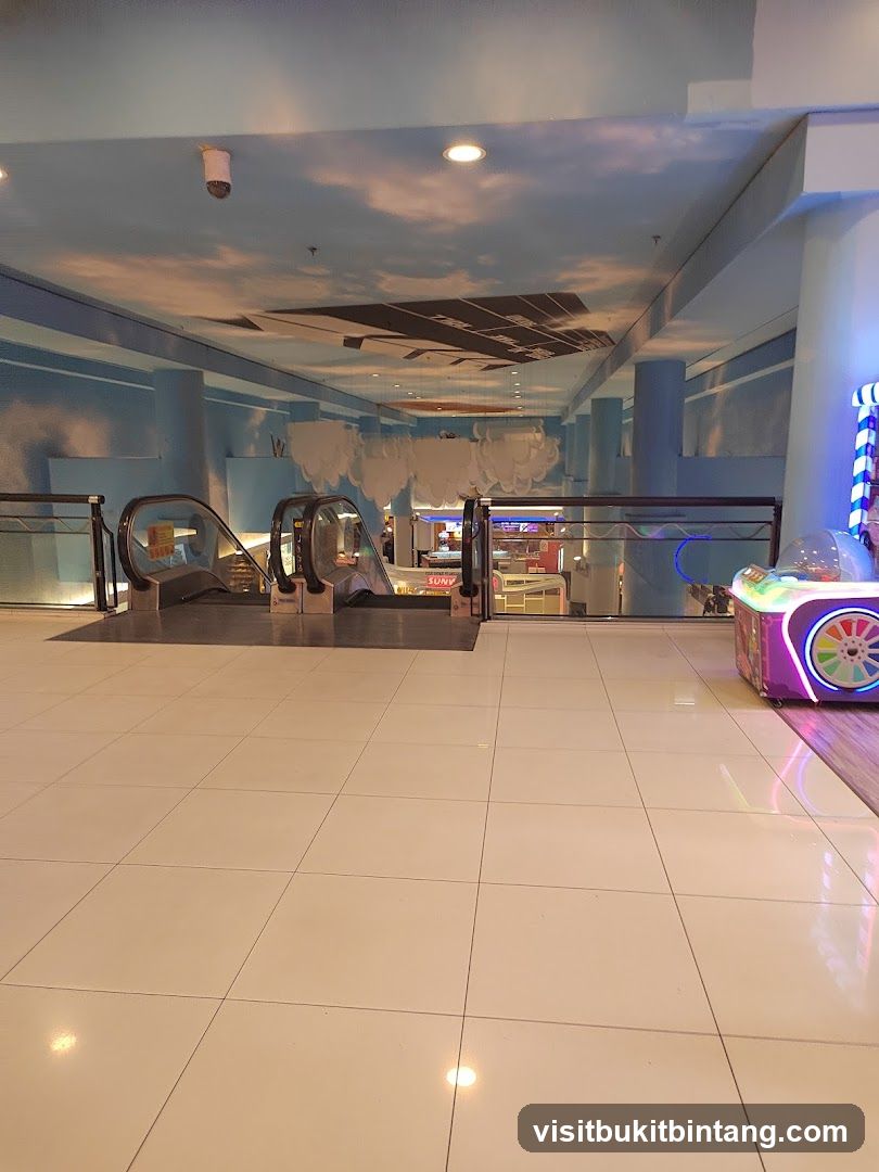 Indoor mall walkway with escalators and arcade game