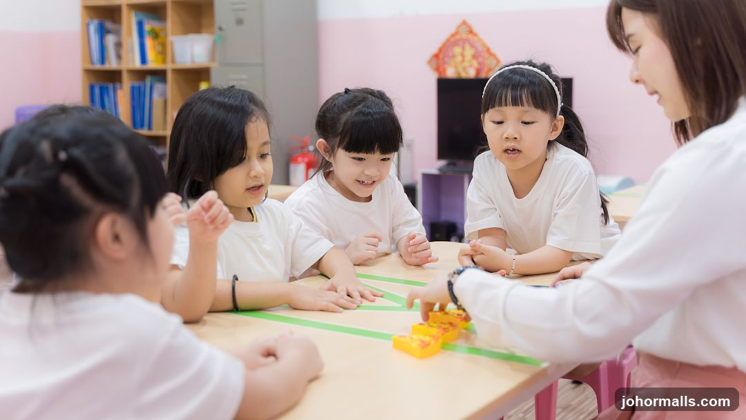 Children and teacher playing with blocks