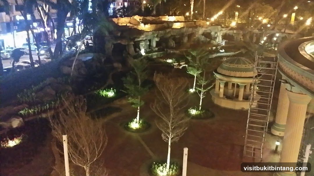 Nighttime park with illuminated trees and structures
