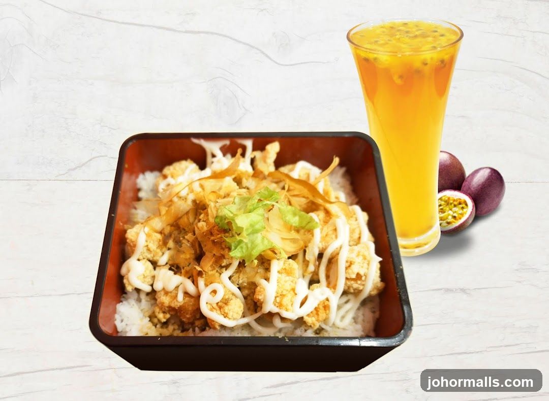 Fried Chicken Rice Bowl with Passion Fruit Drink