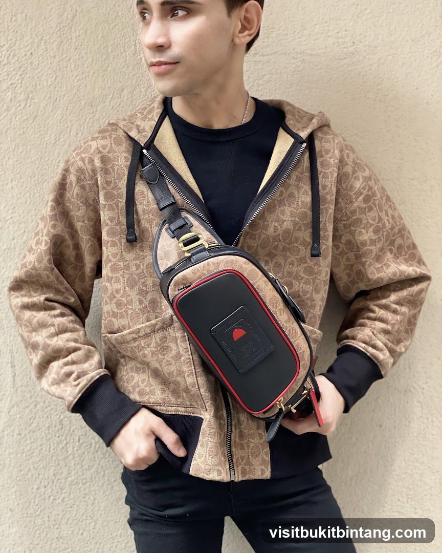 Man wearing a patterned jacket and carrying a sling bag