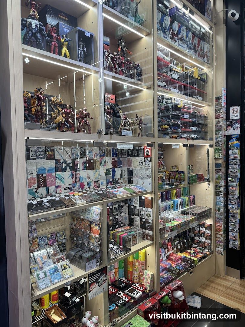 Display shelves with collectibles and merchandise