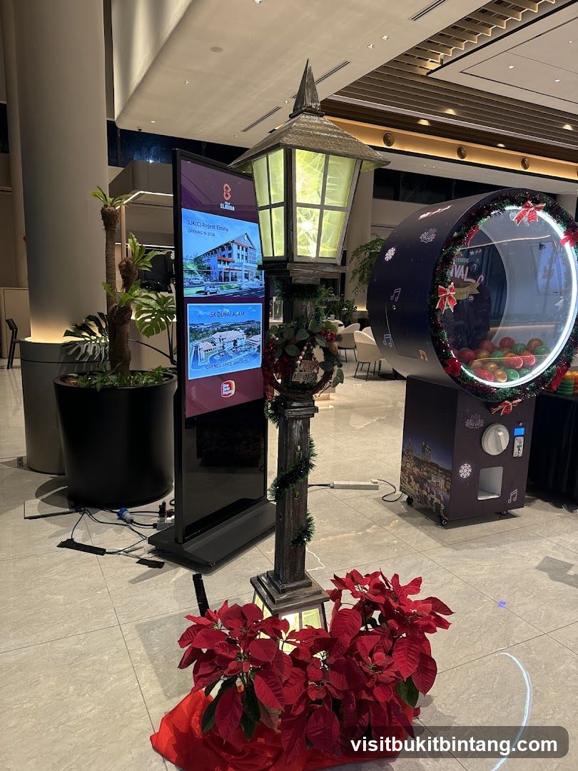 Christmas display with digital screen and raffle machine