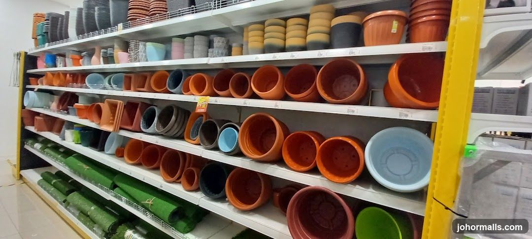 Shelves of pots and gardening supplies