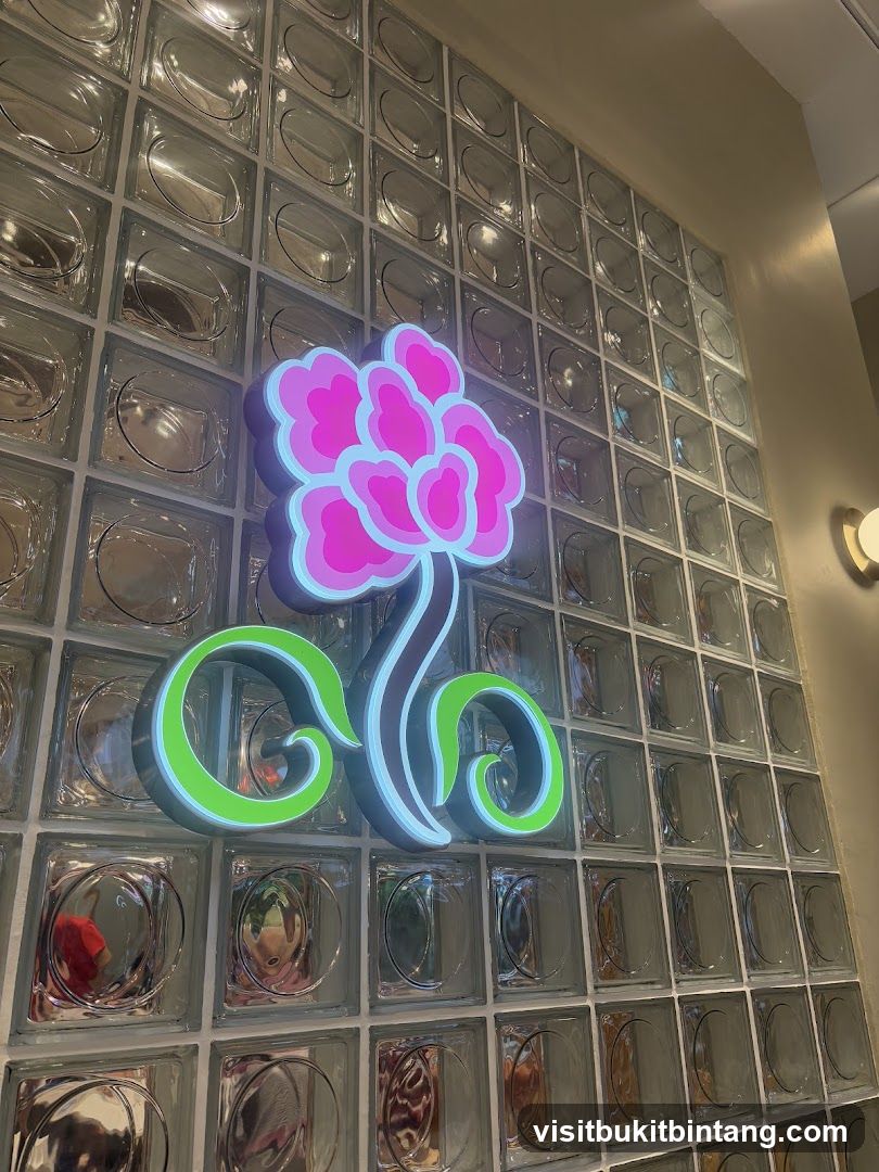 Neon Flower Sign on Glass Block Wall