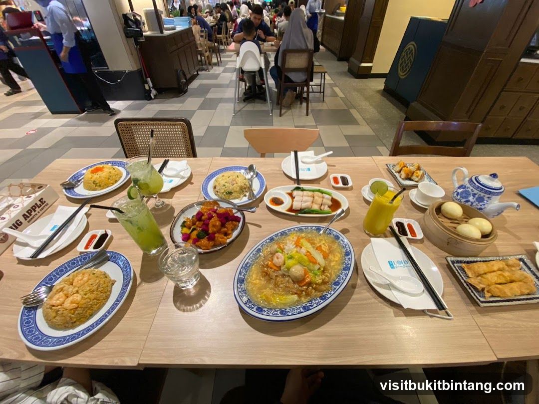Table laden with Chinese food and drinks