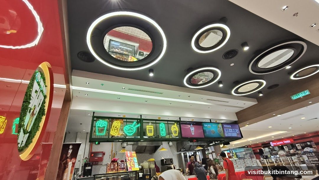 Food court interior with digital menus