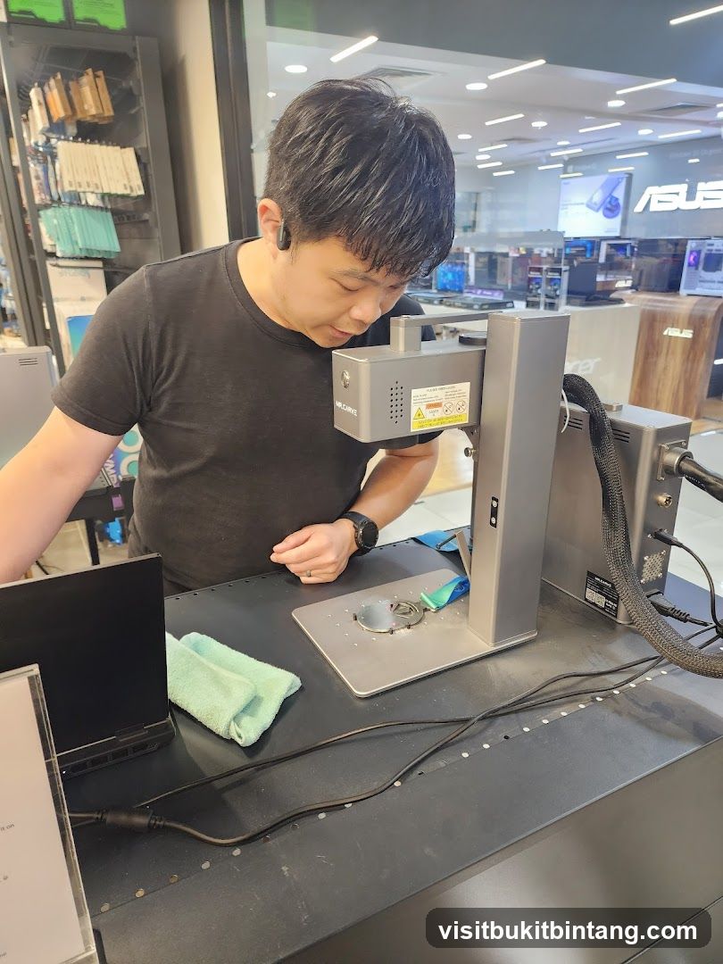 Man operating a laser engraving machine