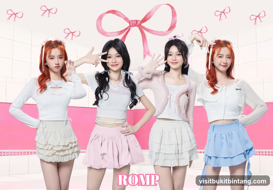Four young women posing in pastel outfits