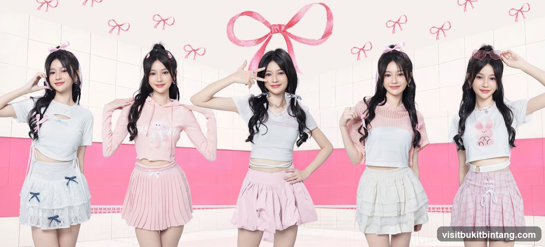Five young women in pastel outfits