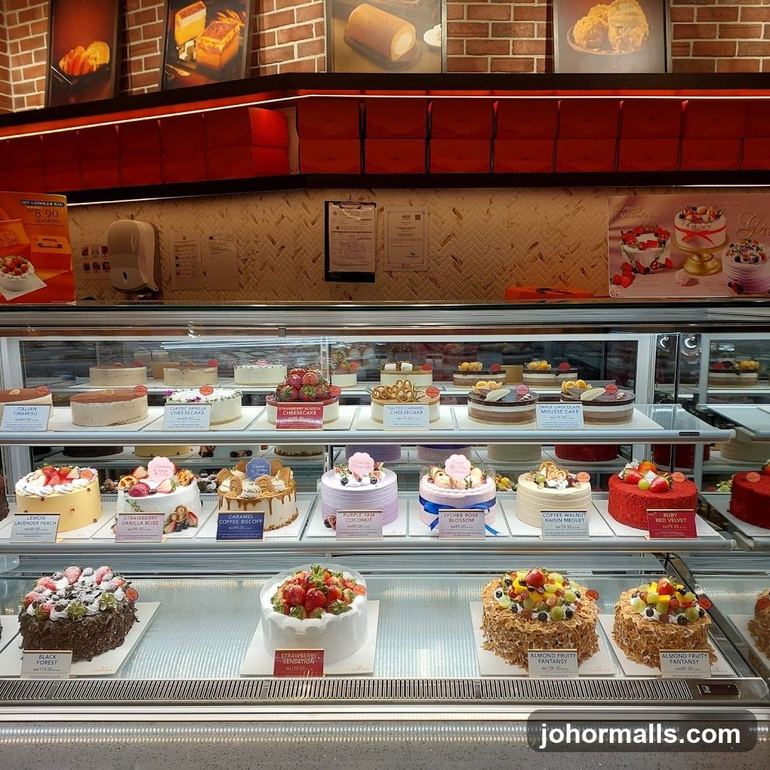 Cakes in a display case