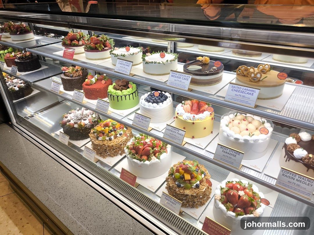 Cakes in a display case