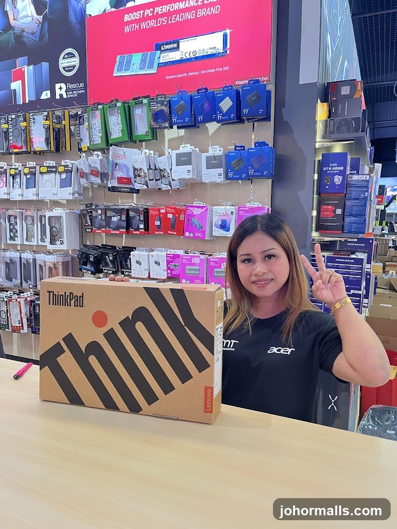 Woman holding a Lenovo ThinkPad box