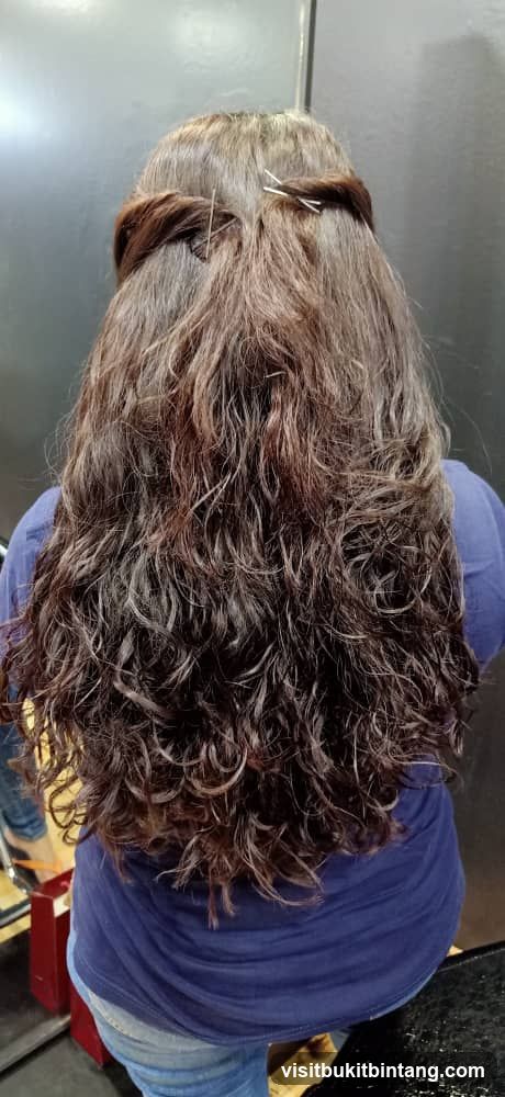 Woman's long, wavy, brown hair styled with a braid and pins