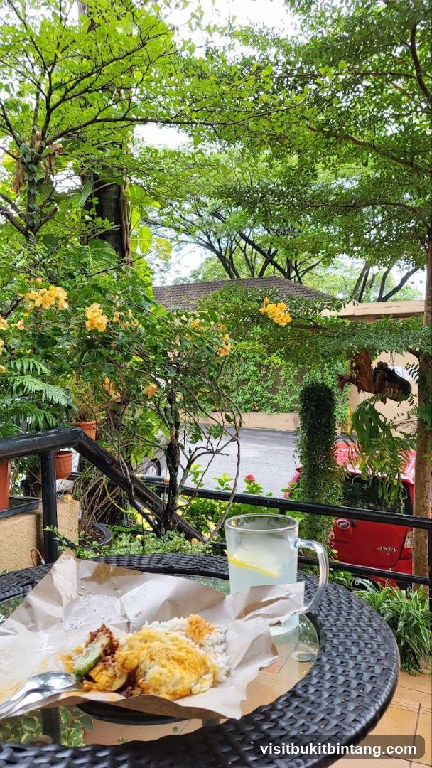 Outdoor dining with a meal and drink