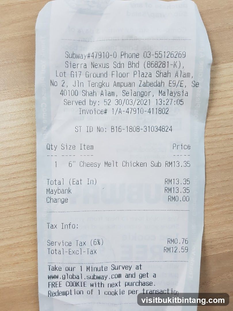 Subway Receipt